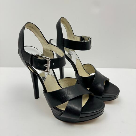 MICHAEL Michael Kors | Oksana Black Leather Stiletto Heel Strappy OpenToe Sandal - Picture 6 of 12